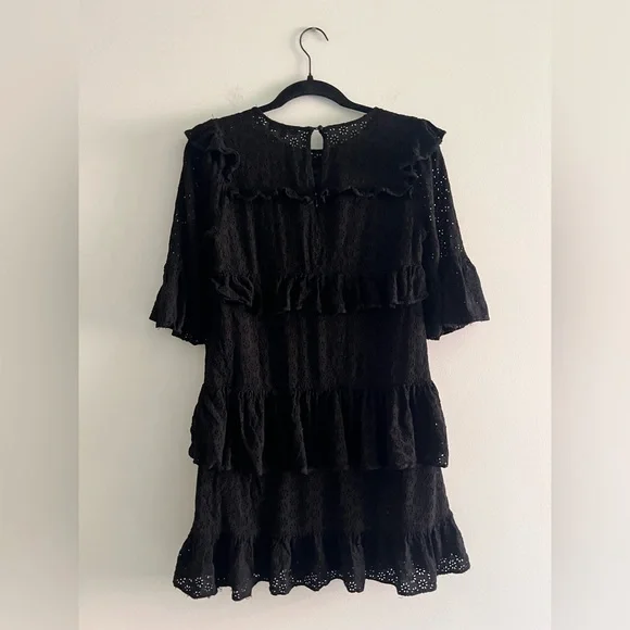 Madewell Black Eyelet Lace Dress Ruffle Tiered Mini Size 0 XXS Boho Cottagecore - Picture 5 of 6